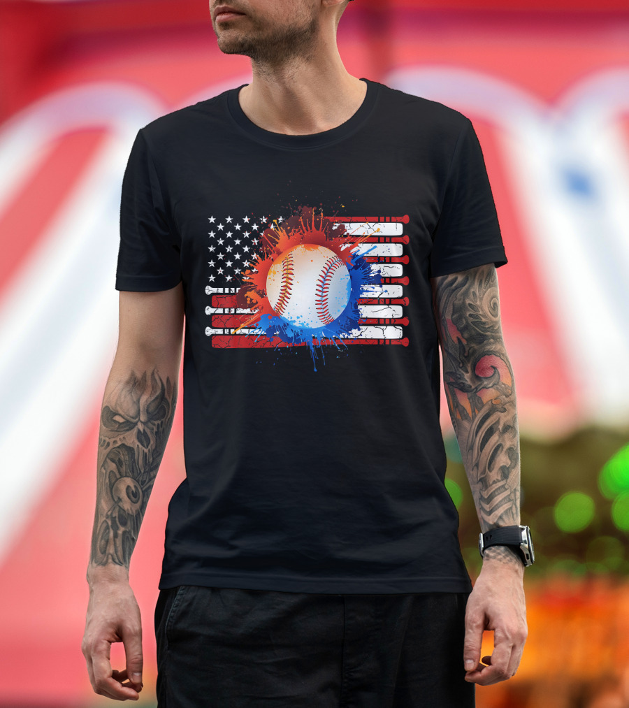 Vintage American Flag Baseball Softball with Paint Splatter and Bat Stripes T-Shirt