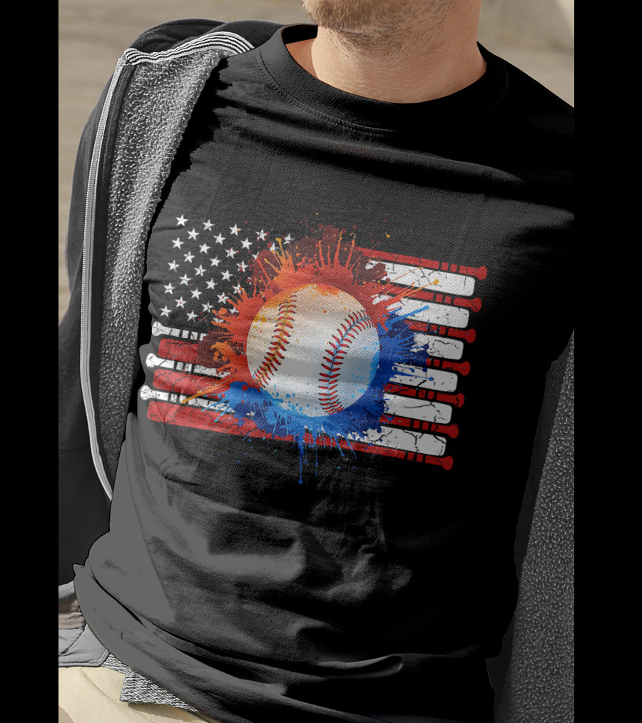 Vintage American Flag Baseball Softball With Paint Splatter And Bat Stripes T-Shirt