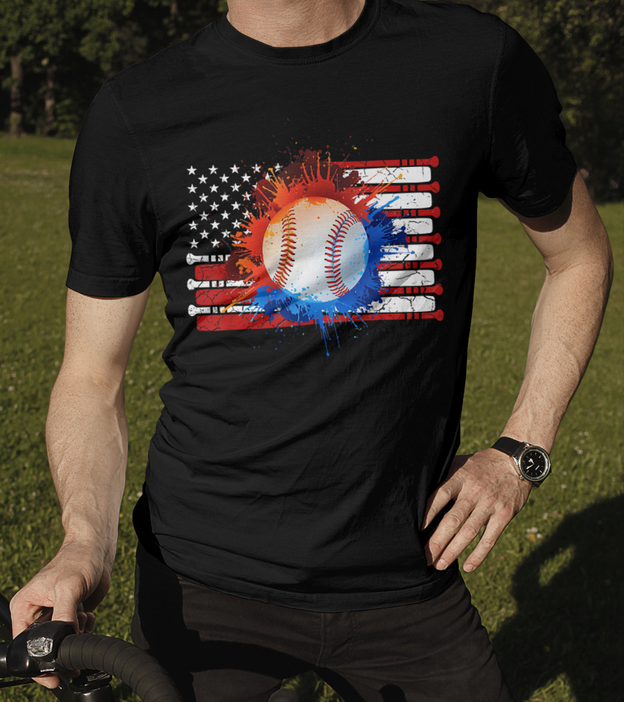 Vintage American Flag Baseball Softball With Paint Splatter And Bat Stripes T-Shirt
