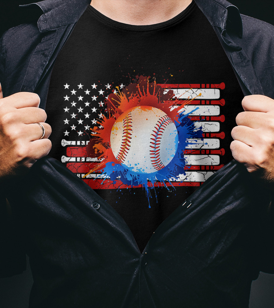Vintage American Flag Baseball Softball With Paint Splatter And Bat Stripes T-Shirt