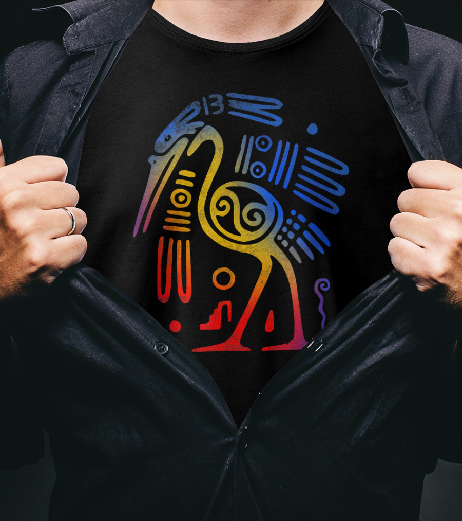 Vintage Aztec Bird Drawing With Temple Arch Elements T-Shirt