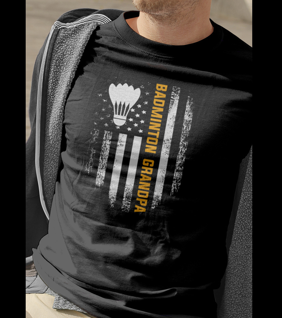Vintage Badminton Grandpa American Flag T-Shirt