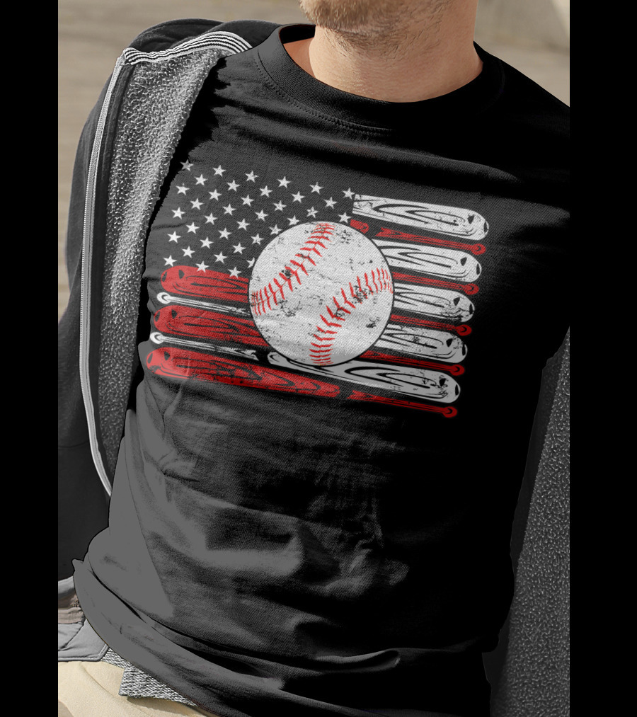 American Flag Vintage Baseball Bat Sports T-Shirt