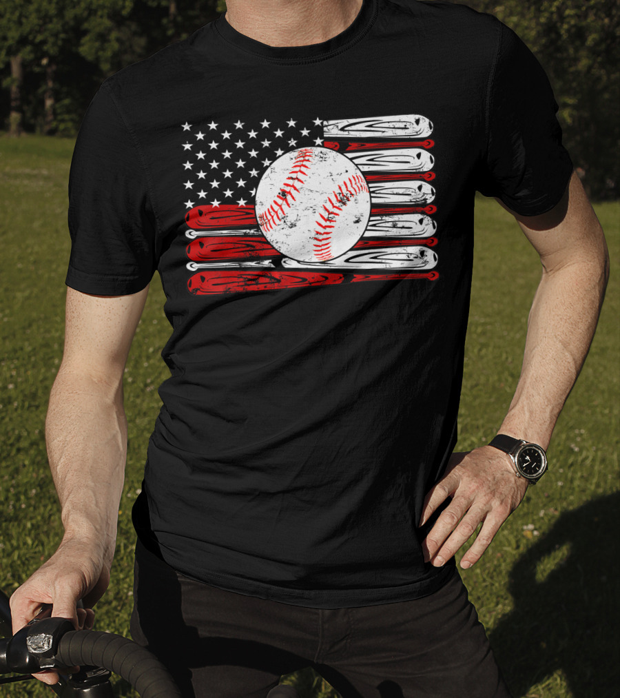 American Flag Vintage Baseball Bat Sports T-Shirt