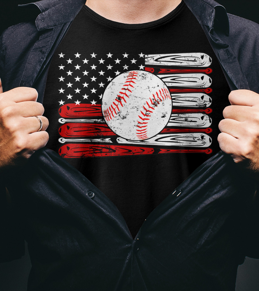 American Flag Vintage Baseball Bat Sports T-Shirt