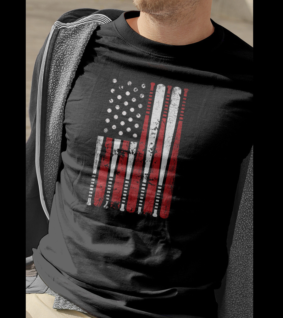 Vintage Baseball Bat Stars And Stripes USA Flag T-Shirt
