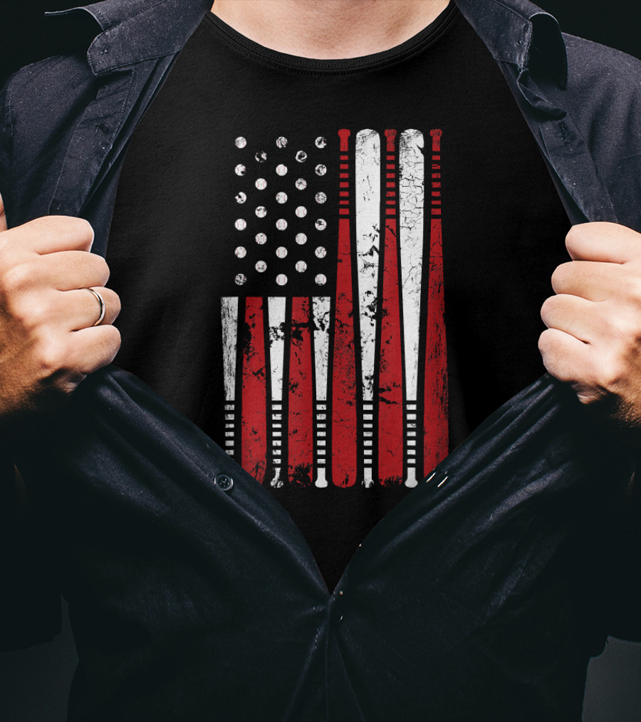 Vintage Baseball Bat Stars And Stripes USA Flag T-Shirt
