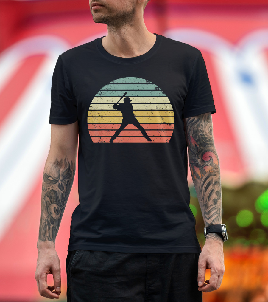 Vintage Baseball Batter Silhouette Retro Sunset Stripes T-Shirt