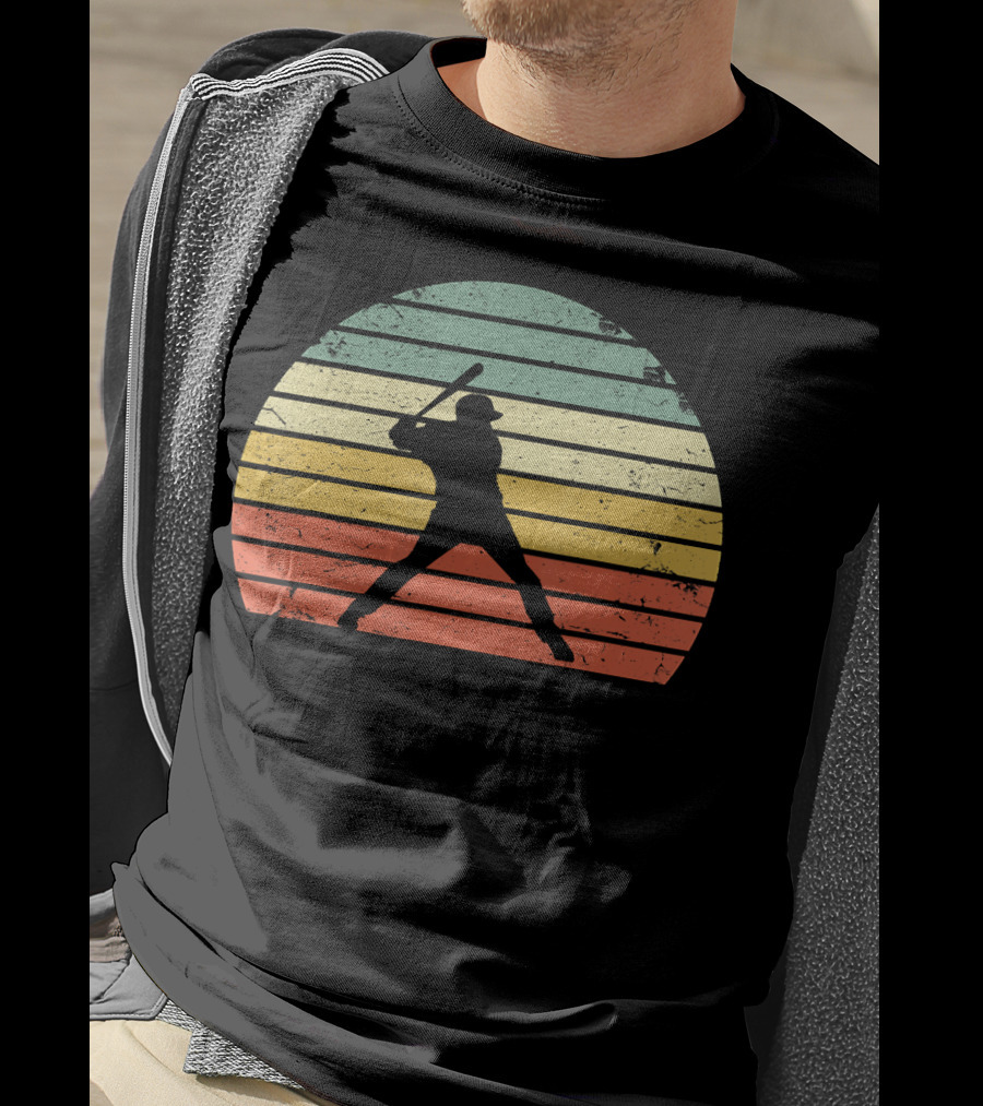 Vintage Baseball Batter Silhouette Retro Sunset Stripes T-Shirt