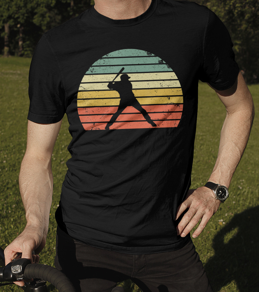 Vintage Baseball Batter Silhouette Retro Sunset Stripes T-Shirt