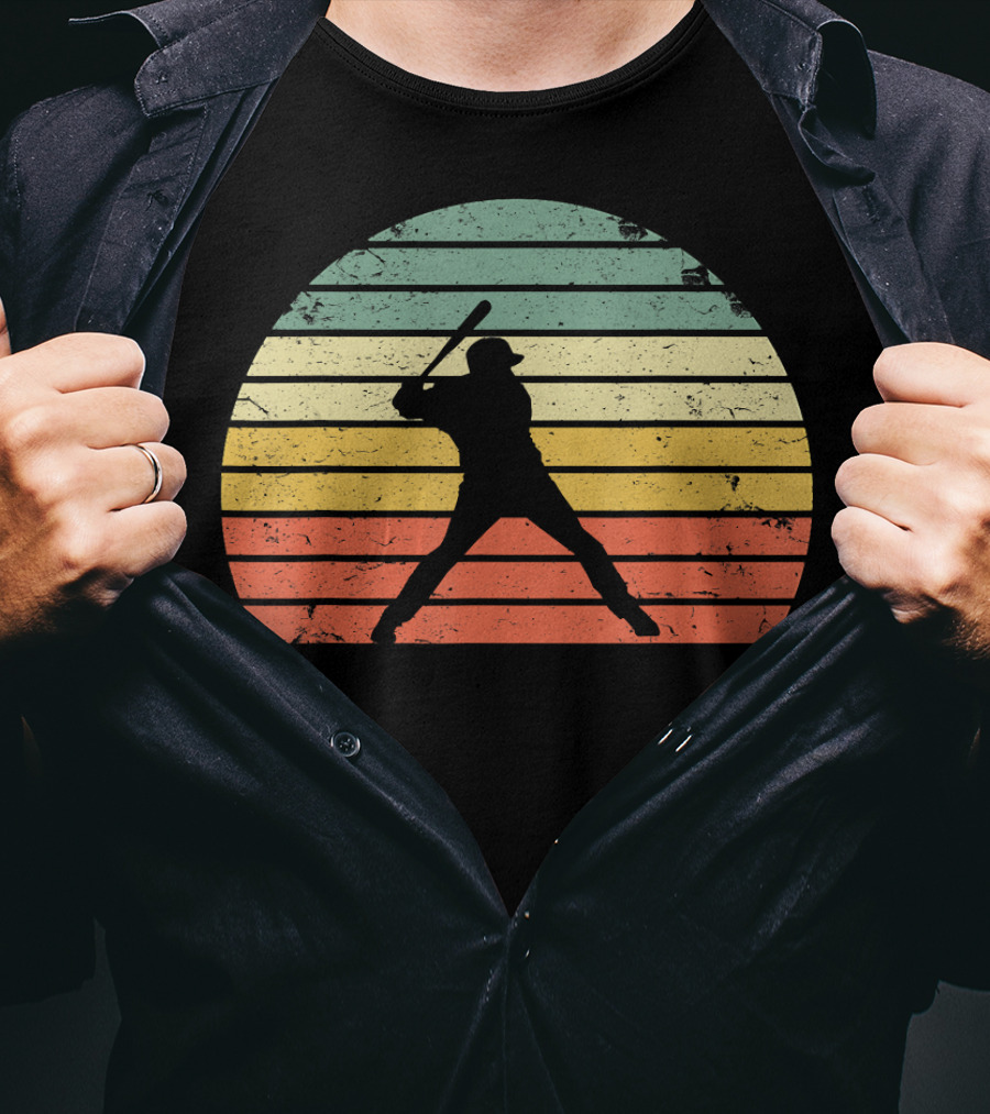 Vintage Baseball Batter Silhouette Retro Sunset Stripes T-Shirt