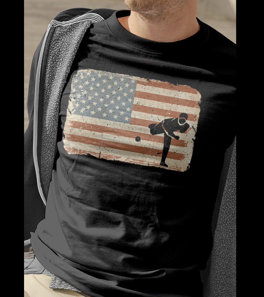 Vintage Baseball Pitcher Silhouette With American Flag Background T-Shirt