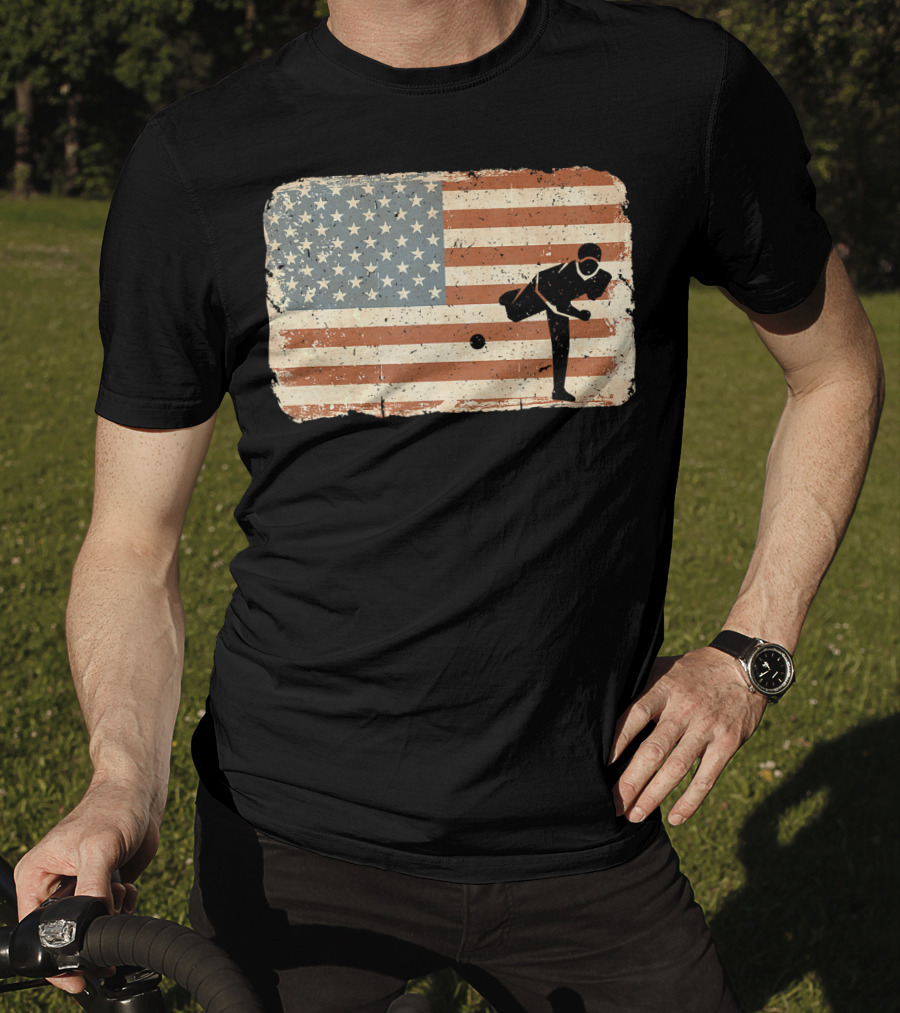 Vintage Baseball Pitcher Silhouette With American Flag Background T-Shirt