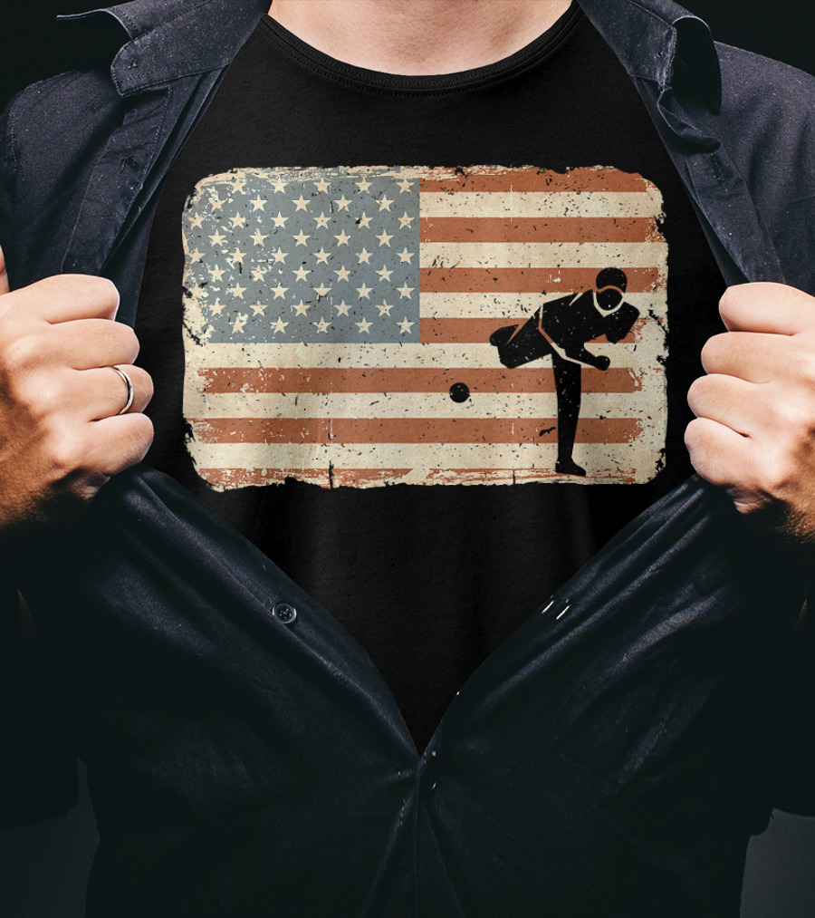 Vintage Baseball Pitcher Silhouette With American Flag Background T-Shirt