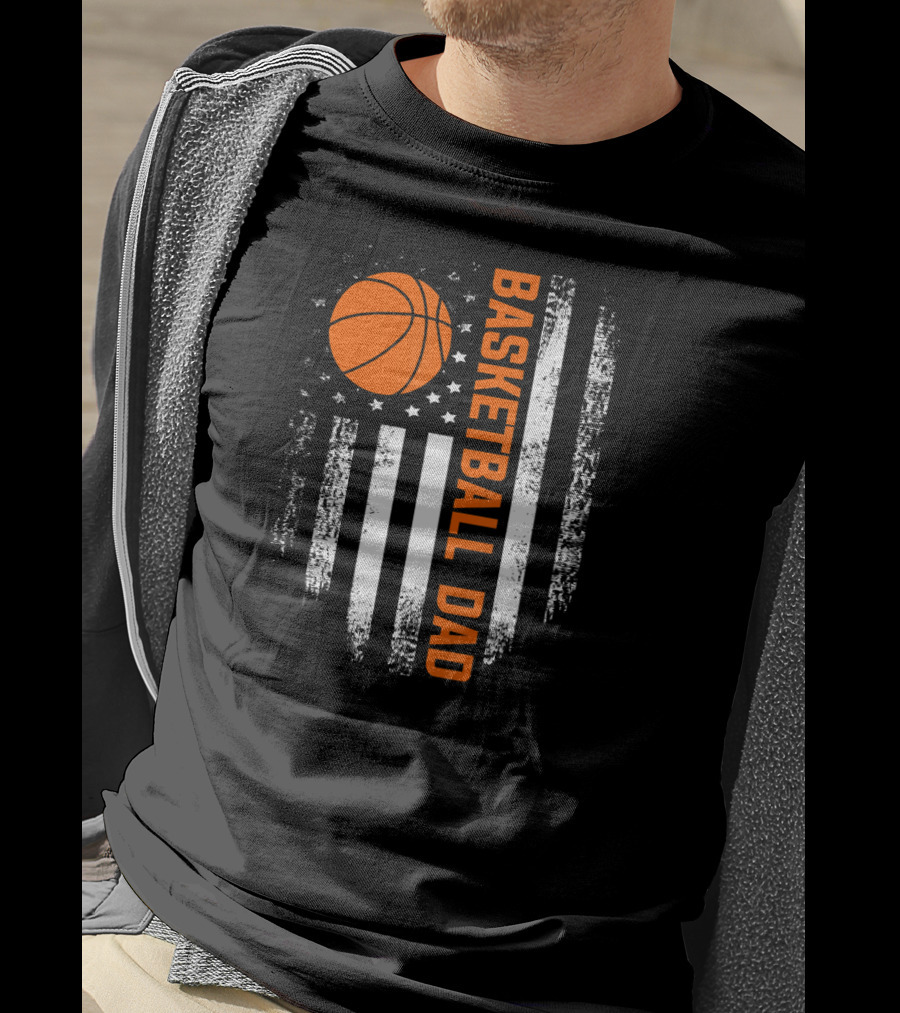 Vintage Basketball Dad American Flag Vertical Stripes And Orange Ball T-Shirt