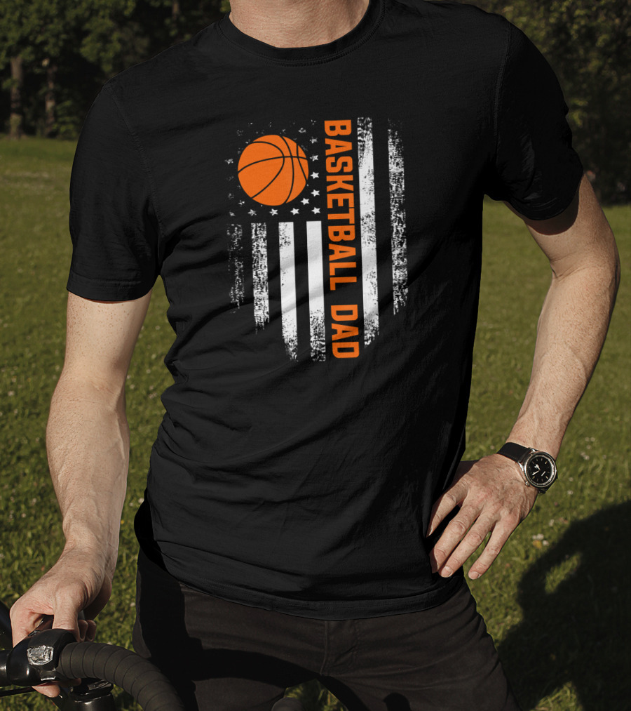 Vintage Basketball Dad American Flag Vertical Stripes And Orange Ball T-Shirt