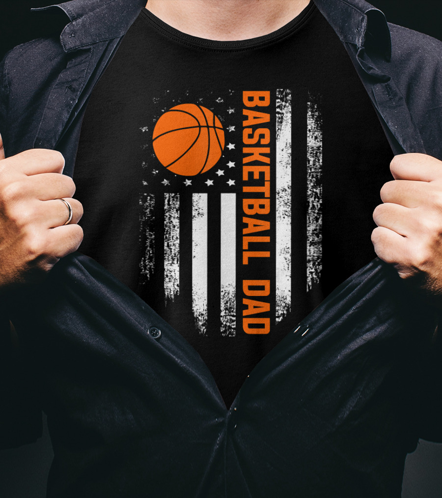Vintage Basketball Dad American Flag Vertical Stripes And Orange Ball T-Shirt