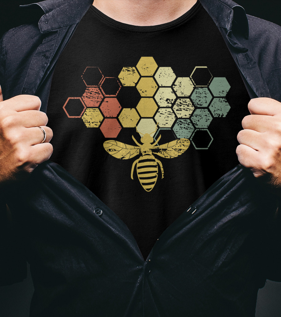 Vintage Beekeeper Honey Bee Retro Hexagonal Honeycomb T-Shirt