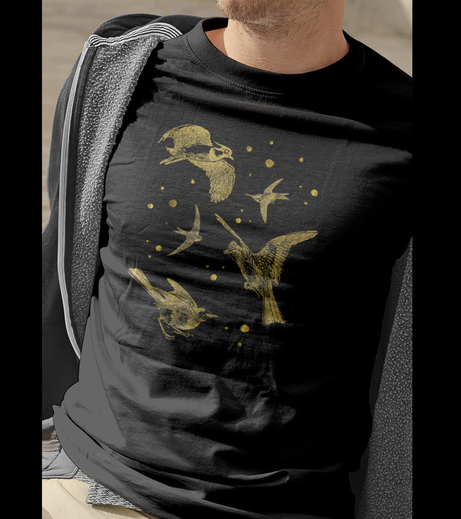 Vintage Flying Birds Humming Sparrow Gold T-Shirt