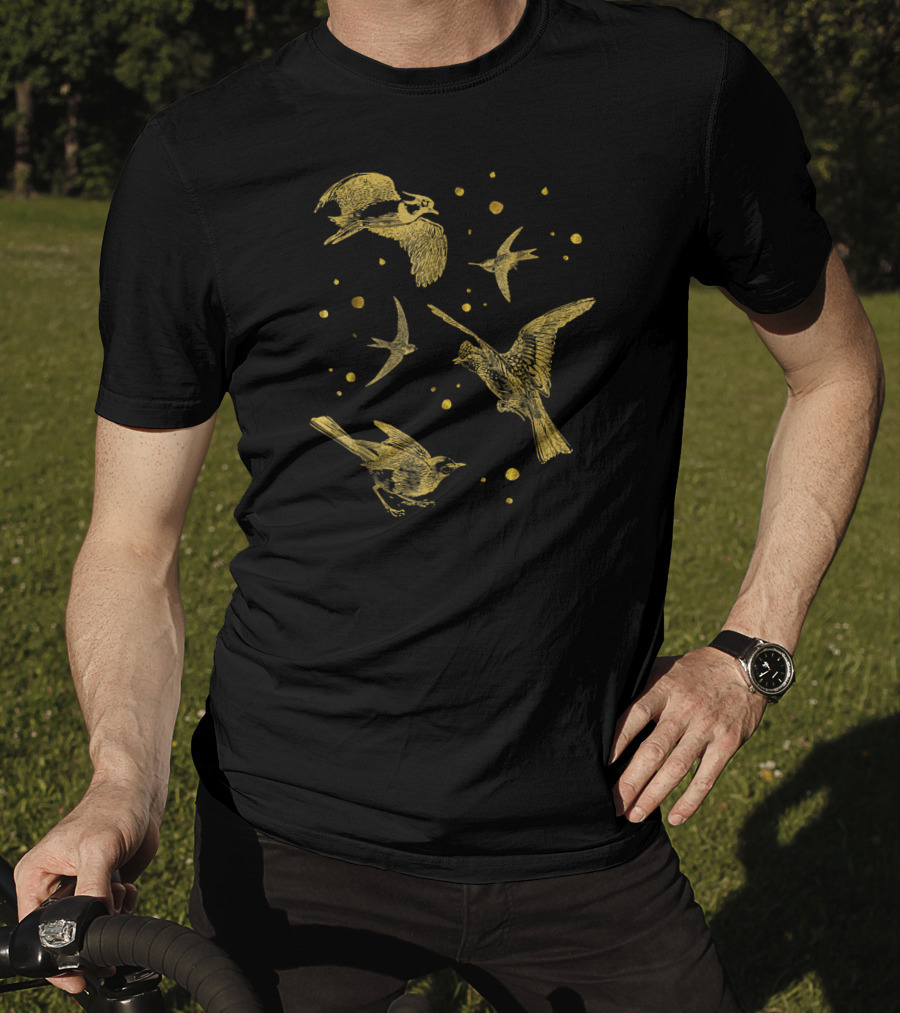 Vintage Flying Birds Humming Sparrow Gold T-Shirt