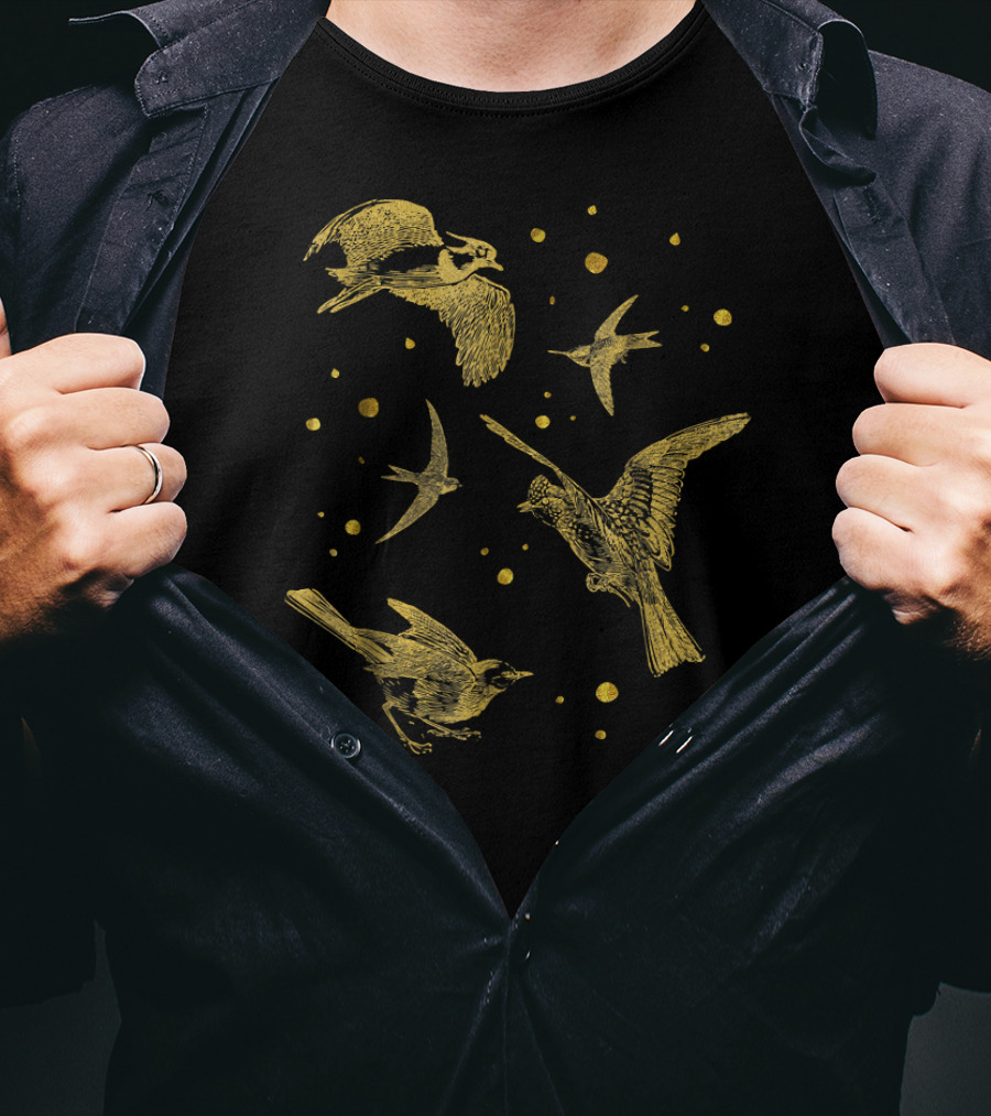 Vintage Flying Birds Humming Sparrow Gold T-Shirt