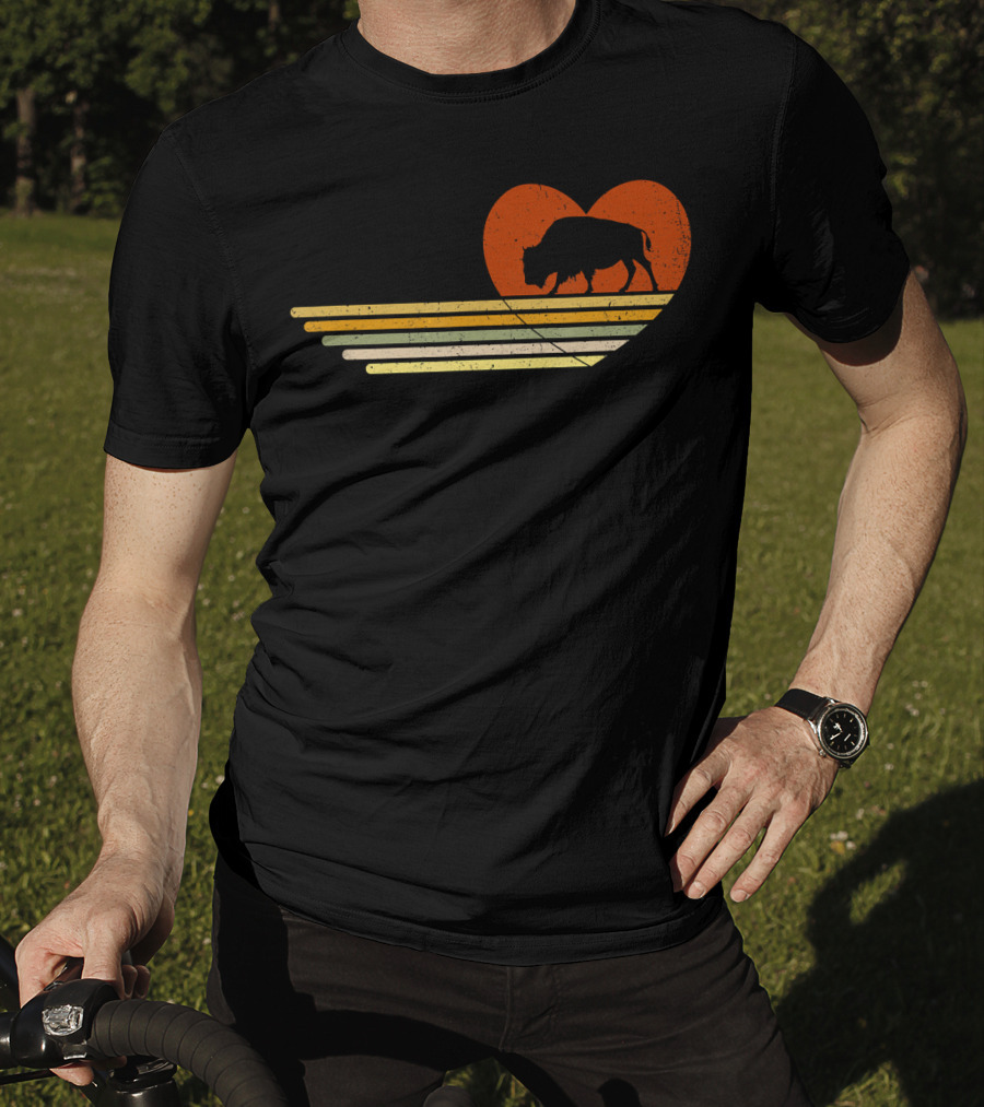 Vintage Bison Heart Retro Sunset Stripes T-Shirt