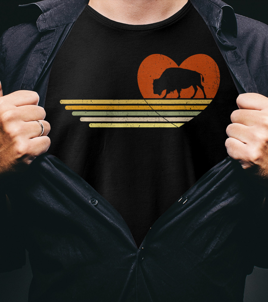 Vintage Bison Heart Retro Sunset Stripes T-Shirt