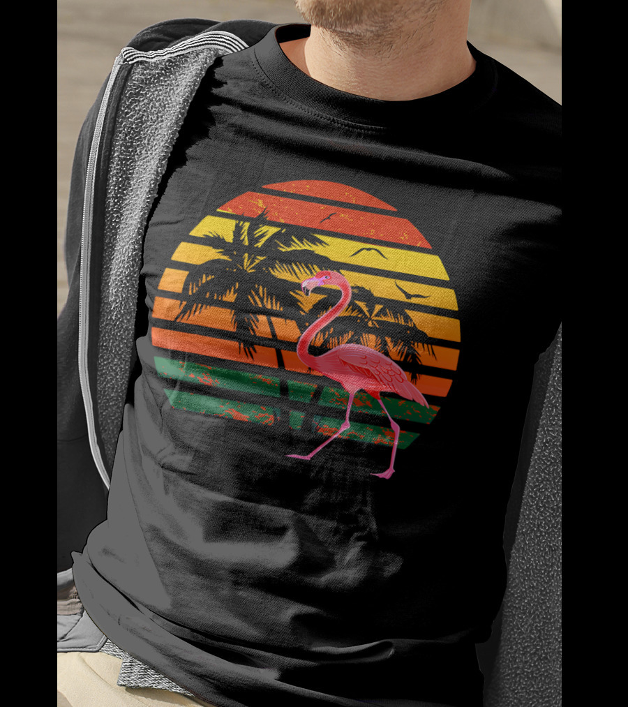 Vintage Flamingo Bird Tropical Sunset With Palm Trees And Birds T-Shirt