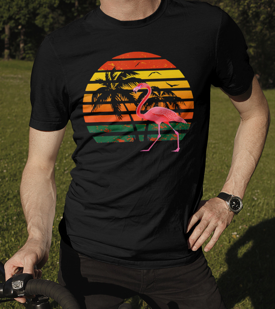 Vintage Flamingo Bird Tropical Sunset With Palm Trees And Birds T-Shirt
