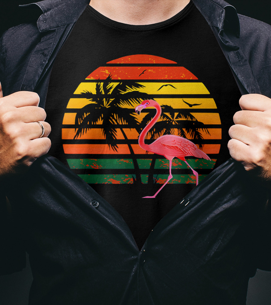Vintage Flamingo Bird Tropical Sunset With Palm Trees And Birds T-Shirt