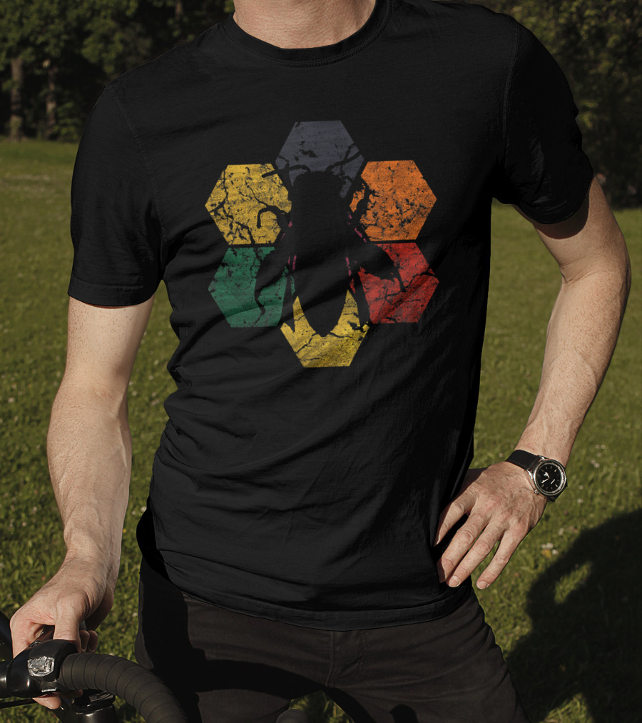 Vintage Hexagon Honey Bee Silhouette Retro Color Blocks T-Shirt