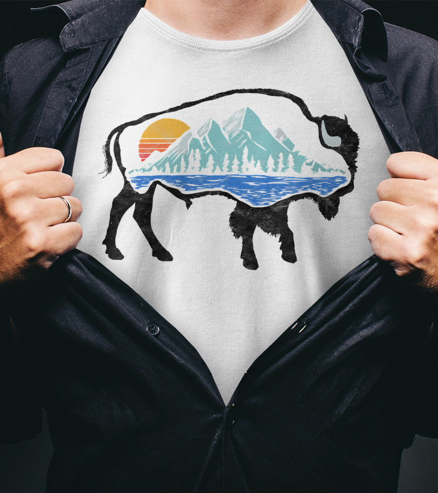 Vintage National Park Landscape Bison Mountain Sunset T-Shirt