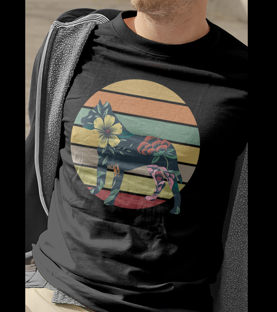 Vintage Floral Pitbull Silhouette Sunset Stripes T-Shirt