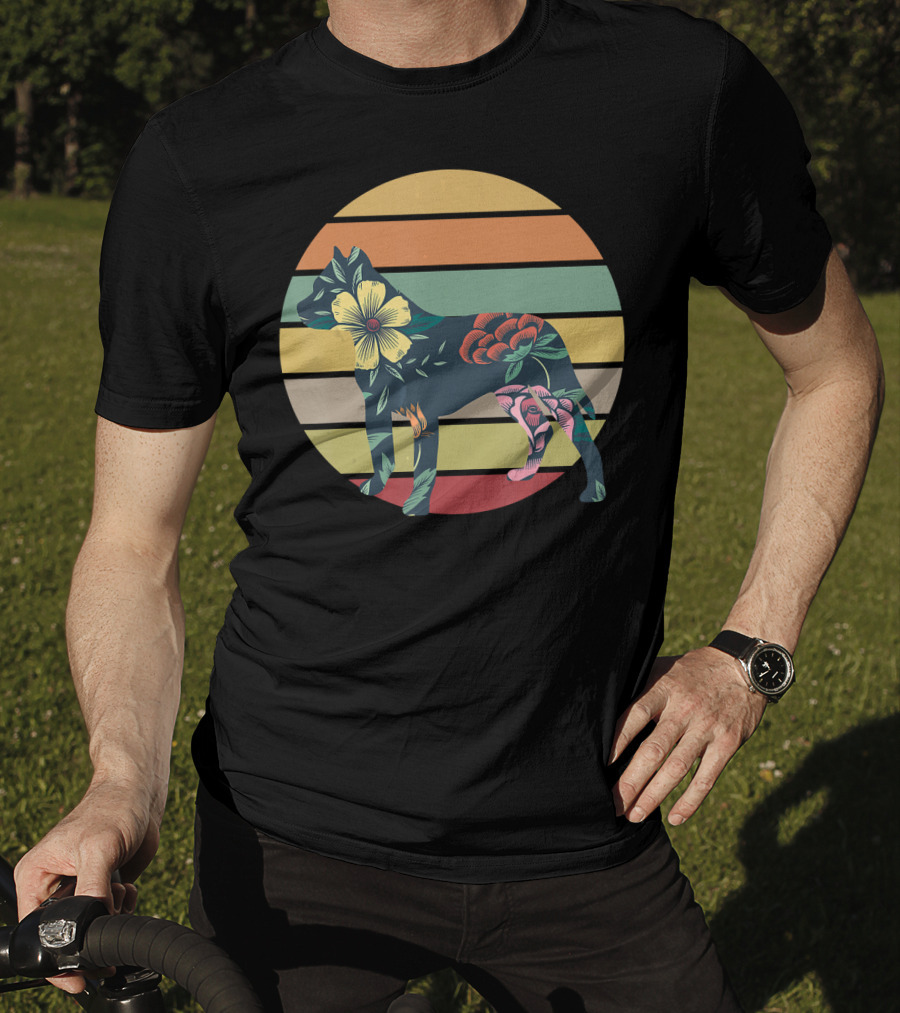 Vintage Floral Pitbull Silhouette Sunset Stripes T-Shirt
