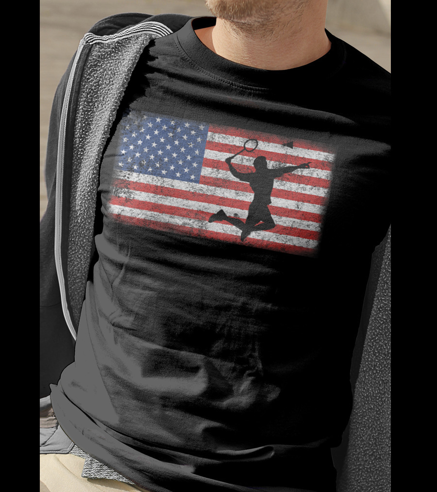 Vintage American Flag Badminton Player Silhouette Jumping Over T-Shirt