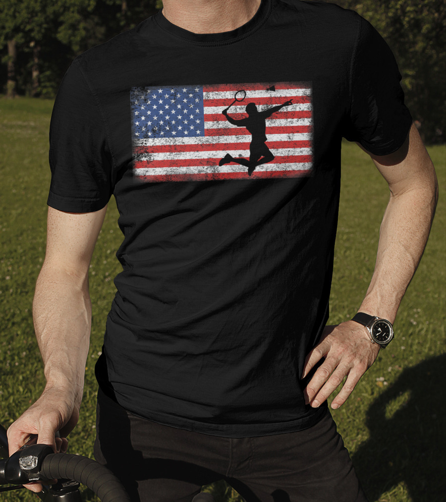 Vintage American Flag Badminton Player Silhouette Jumping Over T-Shirt