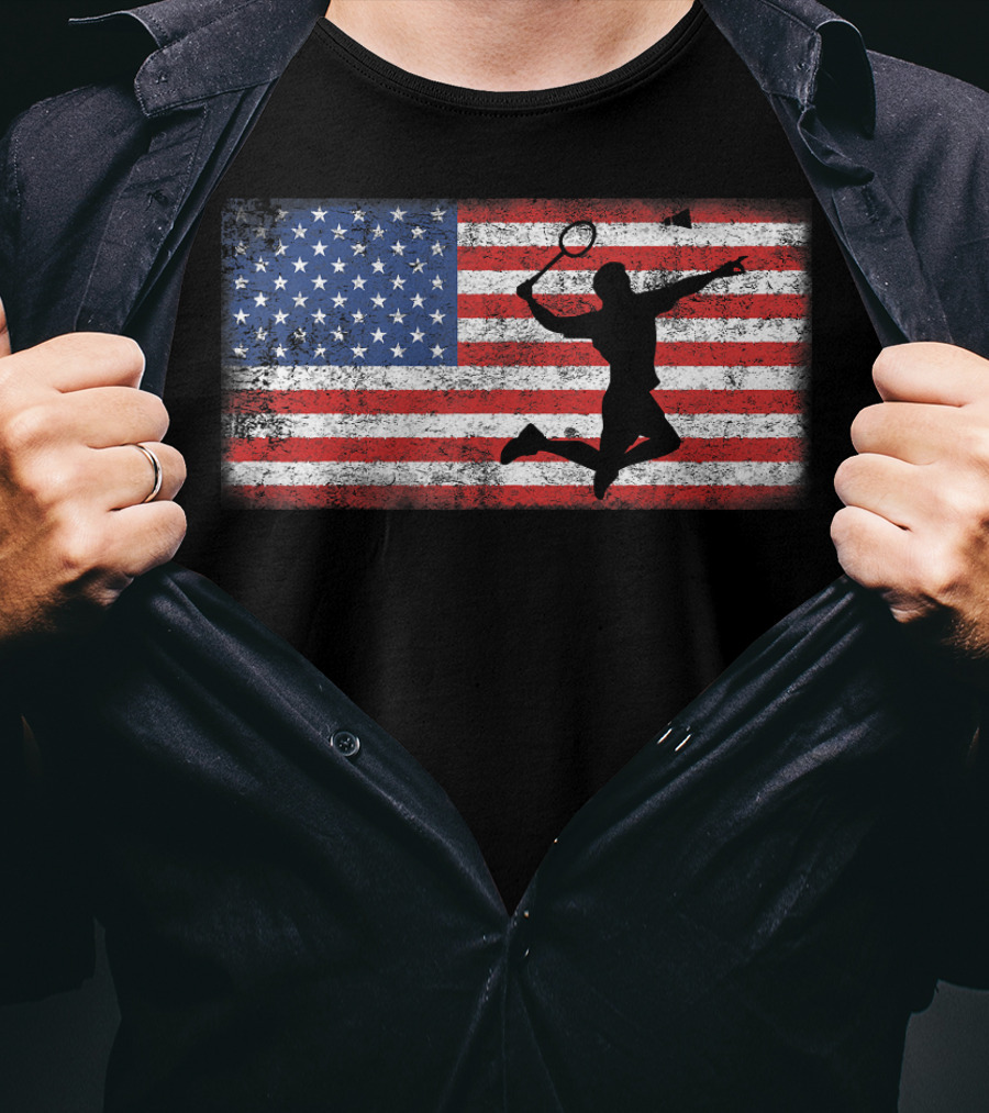 Vintage American Flag Badminton Player Silhouette Jumping Over T-Shirt