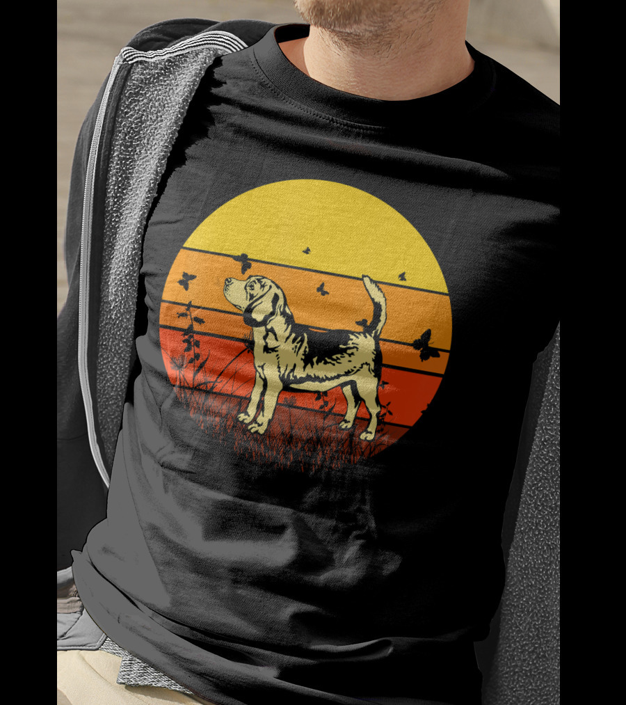 Vintage Beagle Sun With Butterflies And Grass T-Shirt