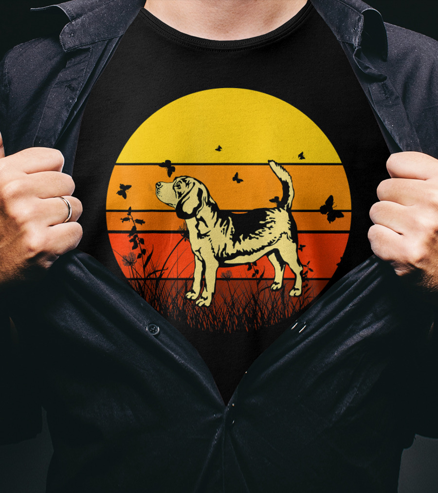 Vintage Beagle Sun With Butterflies And Grass T-Shirt