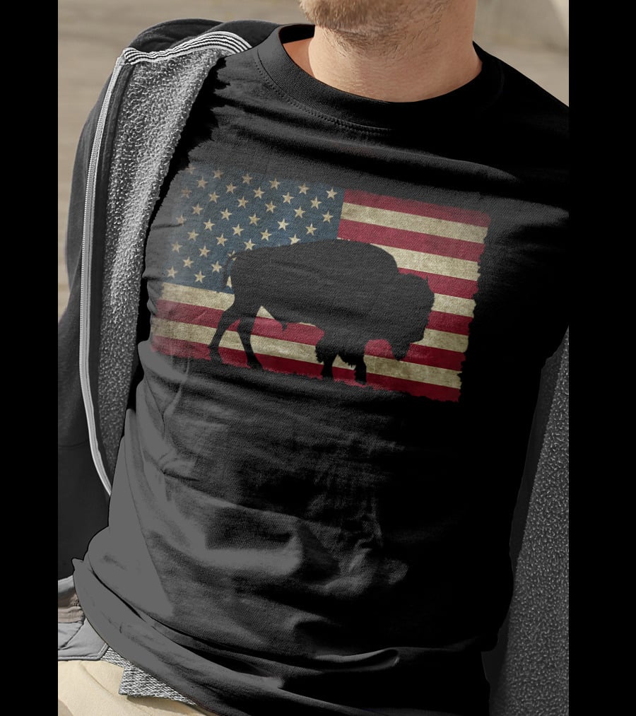 Vintage Buffalo Silhouette Over American Flag USA T-Shirt