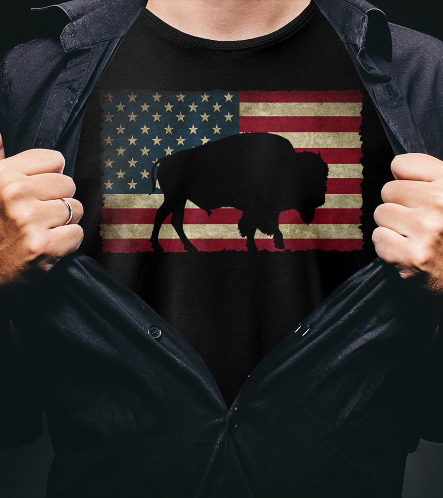 Vintage Buffalo Silhouette Over American Flag USA T-Shirt
