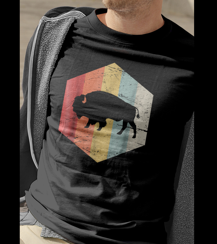 Vintage Buffalo Silhouette Retro Stripes Hexagon T-Shirt