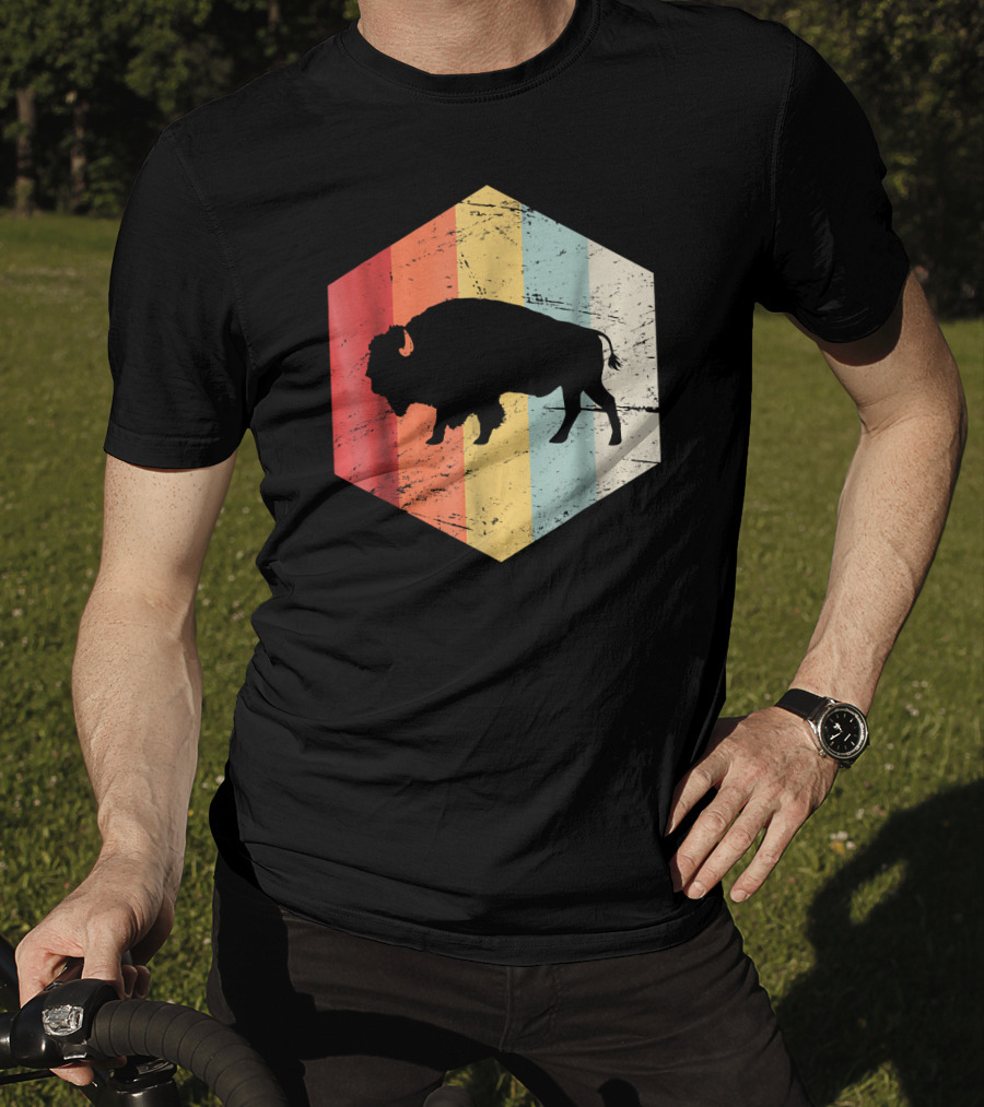 Vintage Buffalo Silhouette Retro Stripes Hexagon T-Shirt