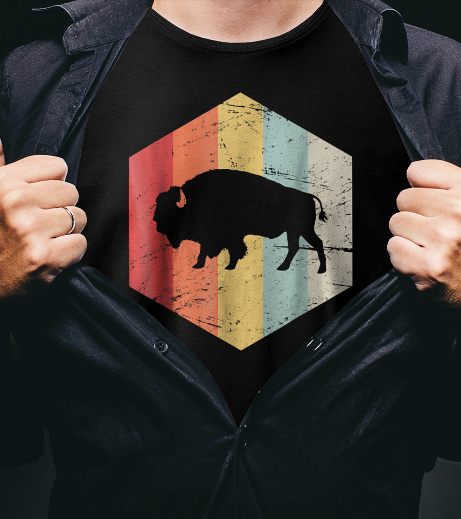 Vintage Buffalo Silhouette Retro Stripes Hexagon T-Shirt