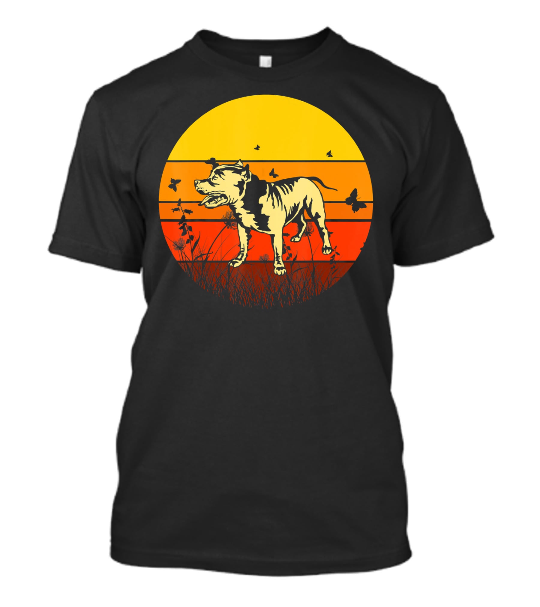 Vintage Pitbull Sun Animal With Butterflies And Birds T-Shirt