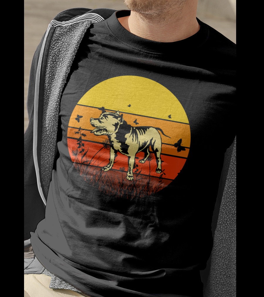 Vintage Pitbull Sun Animal With Butterflies And Birds T-Shirt