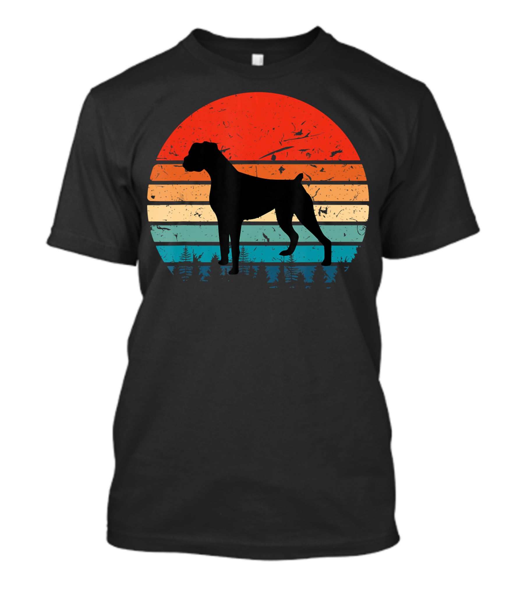 Vintage Boxer Dog Silhouette Retro Sunset Stripes Forest Scene T-Shirt