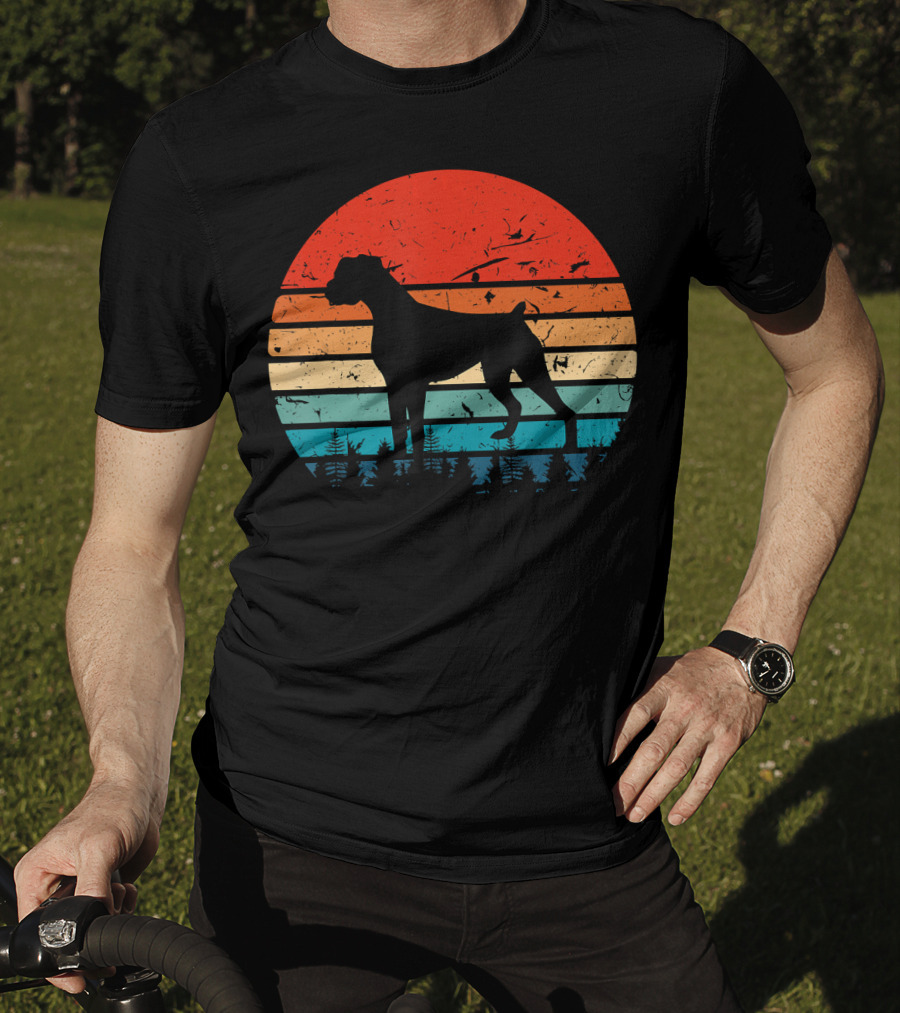 Vintage Boxer Dog Silhouette Retro Sunset Stripes Forest Scene T-Shirt