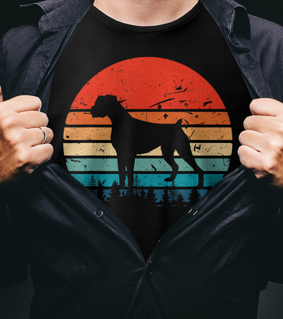 Vintage Boxer Dog Silhouette Retro Sunset Stripes Forest Scene T-Shirt