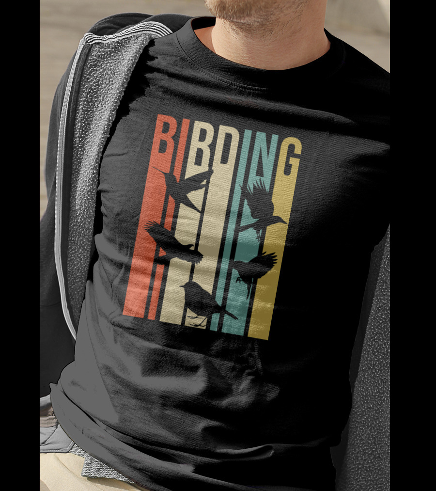 Vintage Style Birding For Birders With Bird Silhouettes On Colorful Stripes T-Shirt